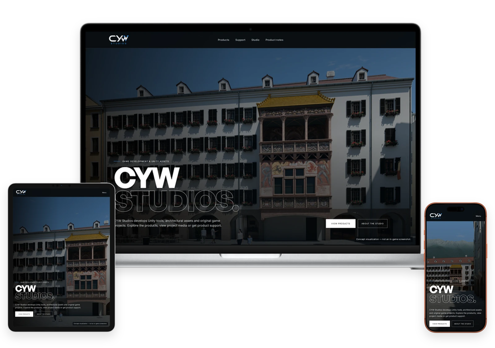 CYW Studios website desktop, tablet and mobile layouts shown in laptop, tablet and phone mockups.