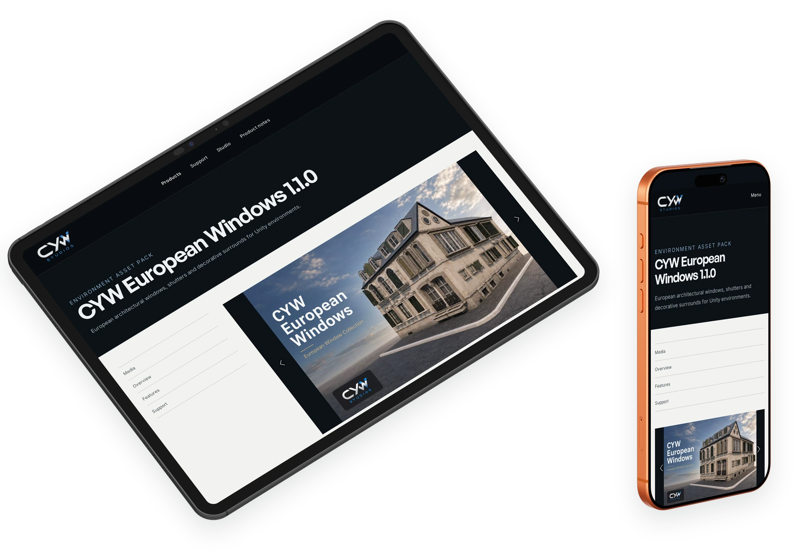 The CYW European Windows product page displayed on an angled tablet and phone.