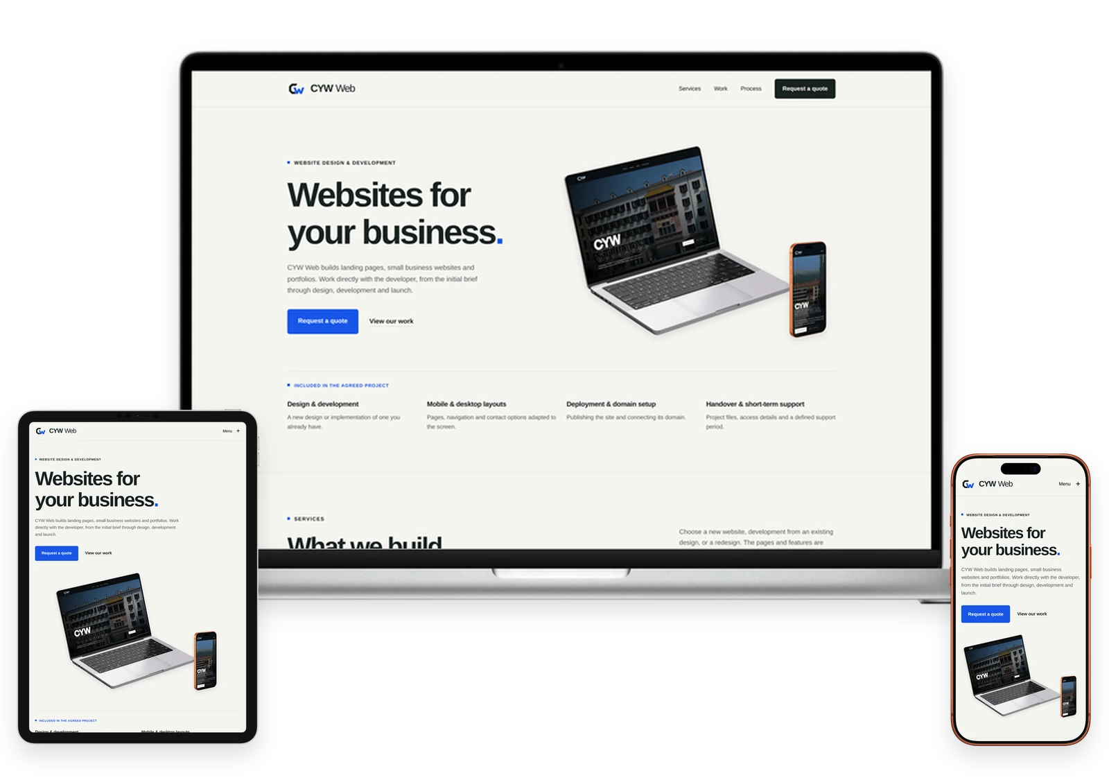 CYW Web website desktop, tablet and mobile layouts shown in laptop, tablet and phone mockups.
